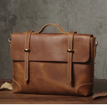 NUKA Men's Leather Handbag Vintage Business Briefcase Crazy Horse Cowhide Messenger Bag Deluxe Shoulder Bag For 15.6 Inch Laptop