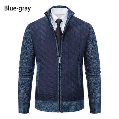 Mens Sweaters Jacket Full Zip Fleeced Sweater Cardigan Plaid Stand Collar Sweaters Coat Autumn Winter Homme Clothes