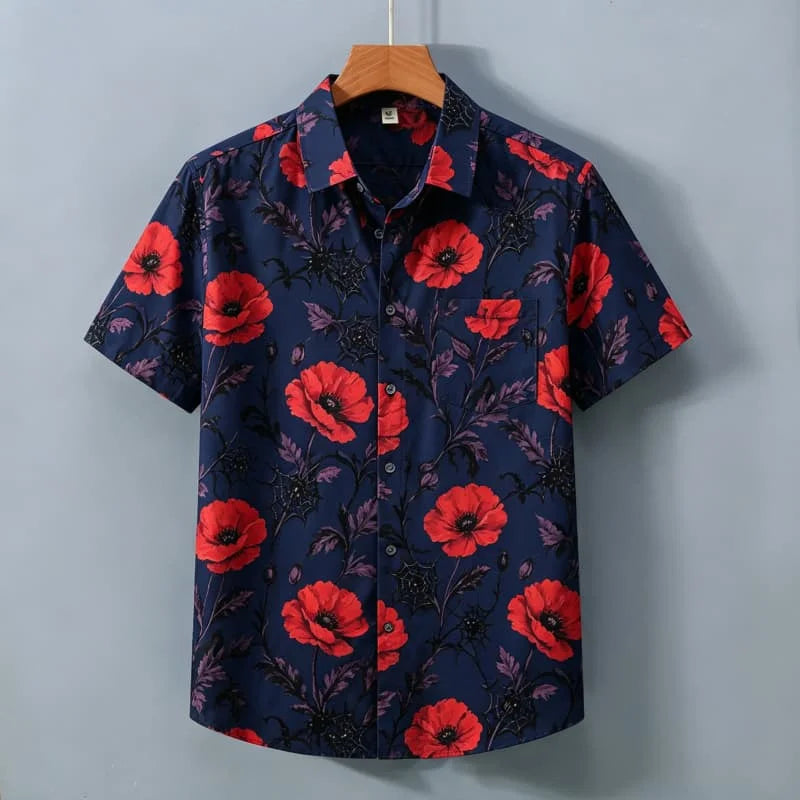 Men's Retro Floral Printed Short Sleeved Shirt With pockets, Elegant Retro style, For commuting, Light vacations, Dates