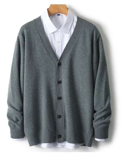 100% Pure Wool Sweater Autumn Winter New Men's Cardigan V-Neck Buckle Jacket Loose Casual Cashmere Knitted Sweater Long Sleeveds