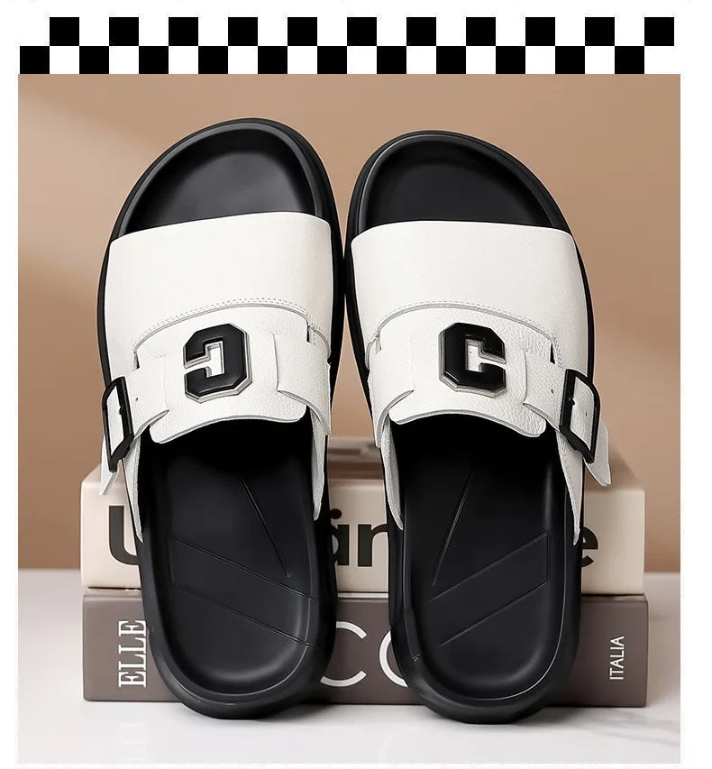 Men Outwear Genuine Leather Slippers for Men Fashion Buckle Designer Summer Flip-flops Male Casual Non-slip Beach Shoes Man