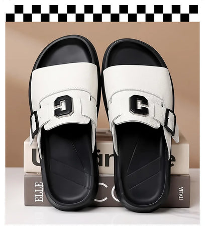 Men Outwear Genuine Leather Slippers for Men Fashion Buckle Designer Summer Flip-flops Male Casual Non-slip Beach Shoes Man