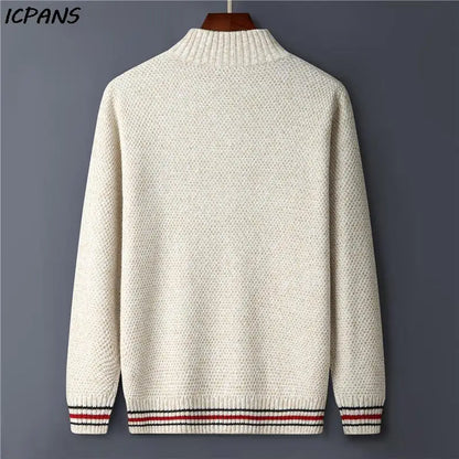 Men's Fleece Warm Half Zip Pullover Knitted Sweater Vintage Letter Print Cotton Coat Red/Black Winter Fashion