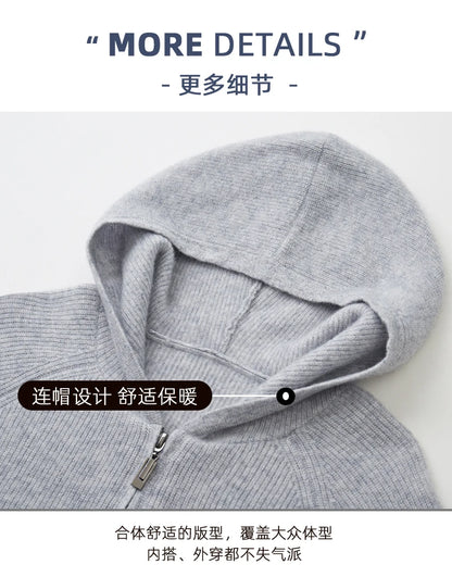 Men 100% Merino Wool Sweater Hooded Zipper Cardigan Autumn Winter Thickened Knit Large-size Jacket Long Sleeved Sportswear Coat