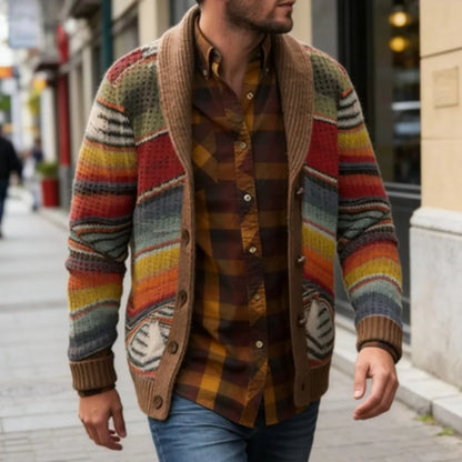 Mens 2026 Fall Winter Color Block Cardigan Collared Knit Sweater Jacket Casual Outerwear