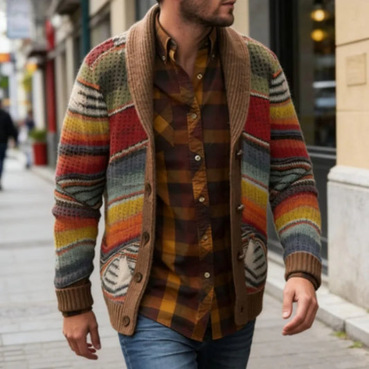 Mens 2026 Fall Winter Color Block Cardigan Collared Knit Sweater Jacket Casual Outerwear