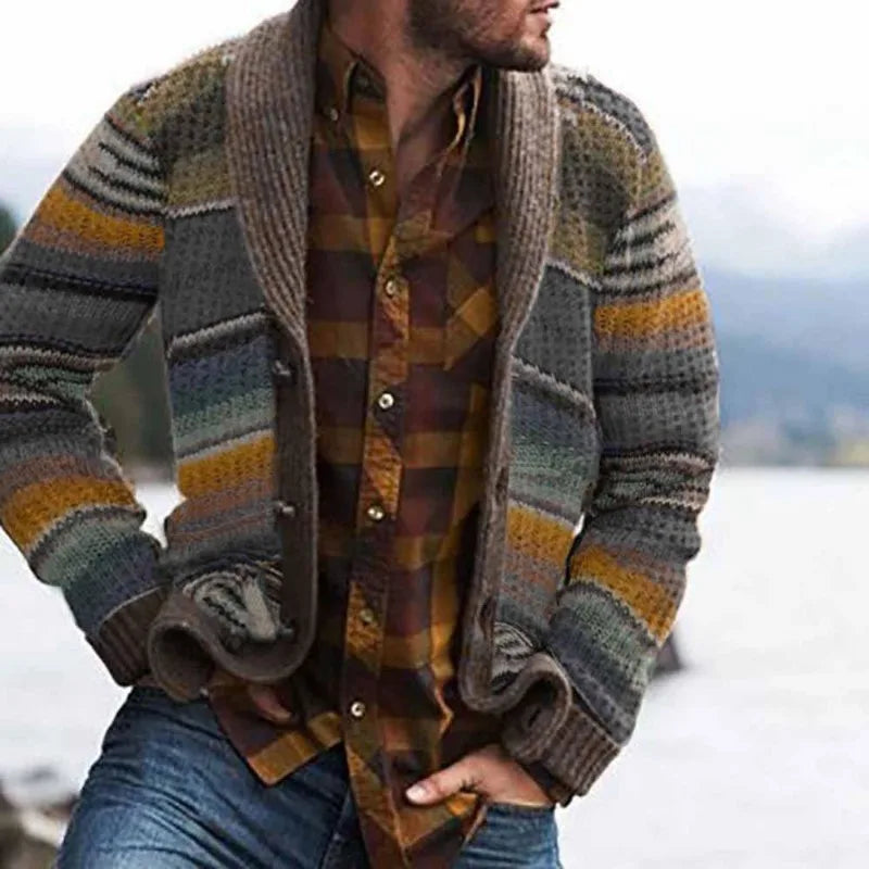 Mens 2026 Fall Winter Color Block Cardigan Collared Knit Sweater Jacket Casual Outerwear