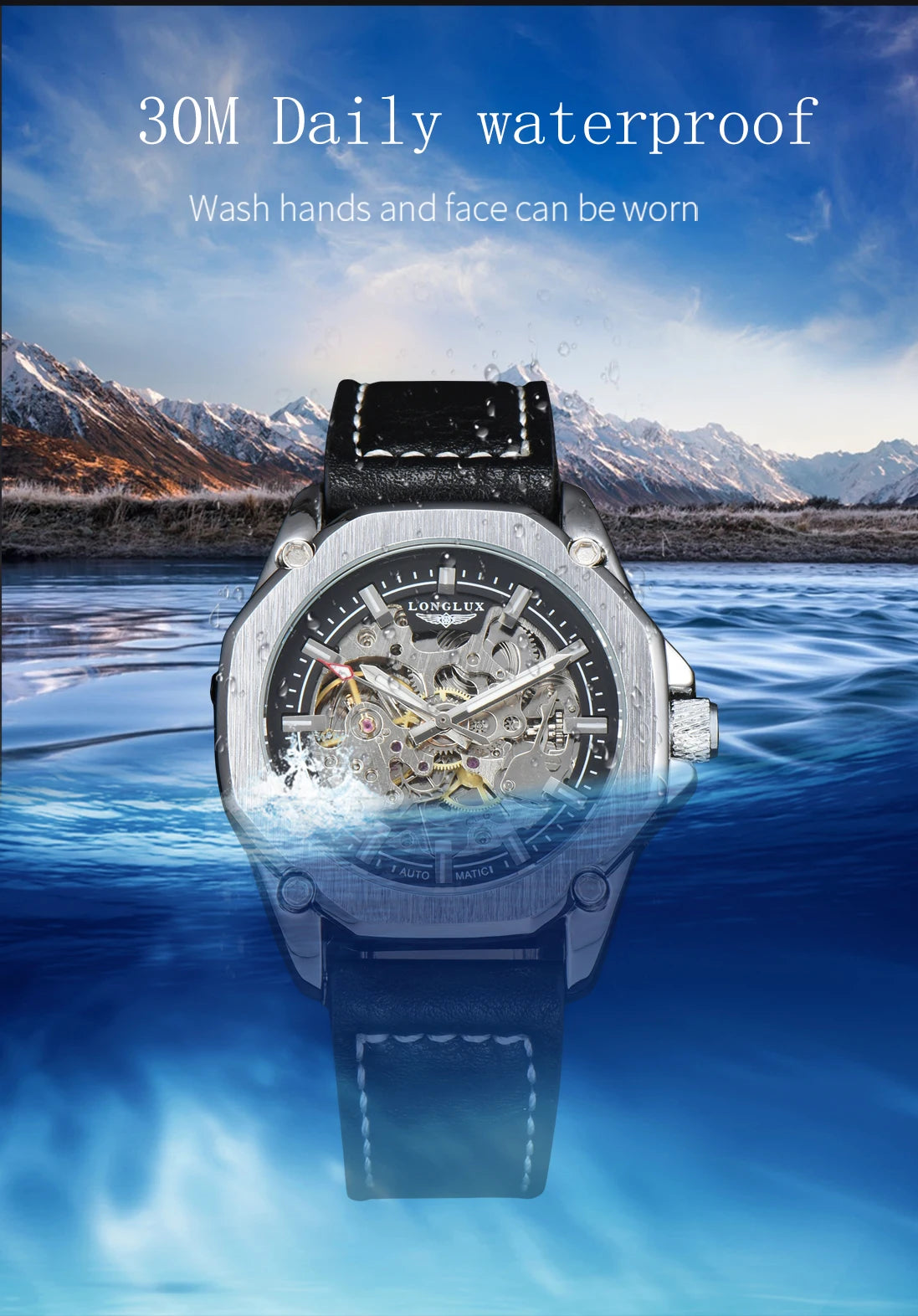 LONGLUX Automatic Watch Sport Style Wholesale Mechanical Wristwatches Fashion Hollow Leather Mens Watch Men Gift