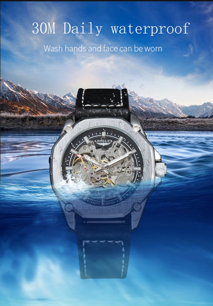 LONGLUX Automatic Watch Sport Style Wholesale Mechanical Wristwatches Fashion Hollow Leather Mens Watch Men Gift