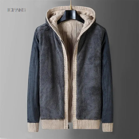 Men's Hooded Knit Winter Sweater Warm Fleece Liner Cardigan Black Khaki Knitwear Jacket Coat Clothing