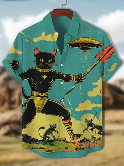 Men's Edo Cat Samurai Warrior Japanese Art Anime Shirts 3D Print Casual Hawaiian Shirts Summer Men Women Short Sleeve Blouse Top