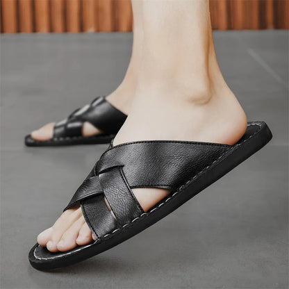 Genuine Leather Men Casual Sandals Summer Mens Slippers Outdoor Breathable Beach Shoes Comfortable Flats Men Flip Flops Size 48
