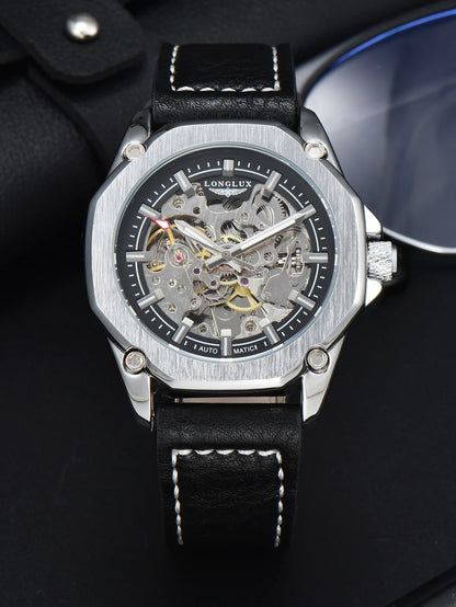 LONGLUX Automatic Watch Sport Style Wholesale Mechanical Wristwatches Fashion Hollow Leather Mens Watch Men Gift