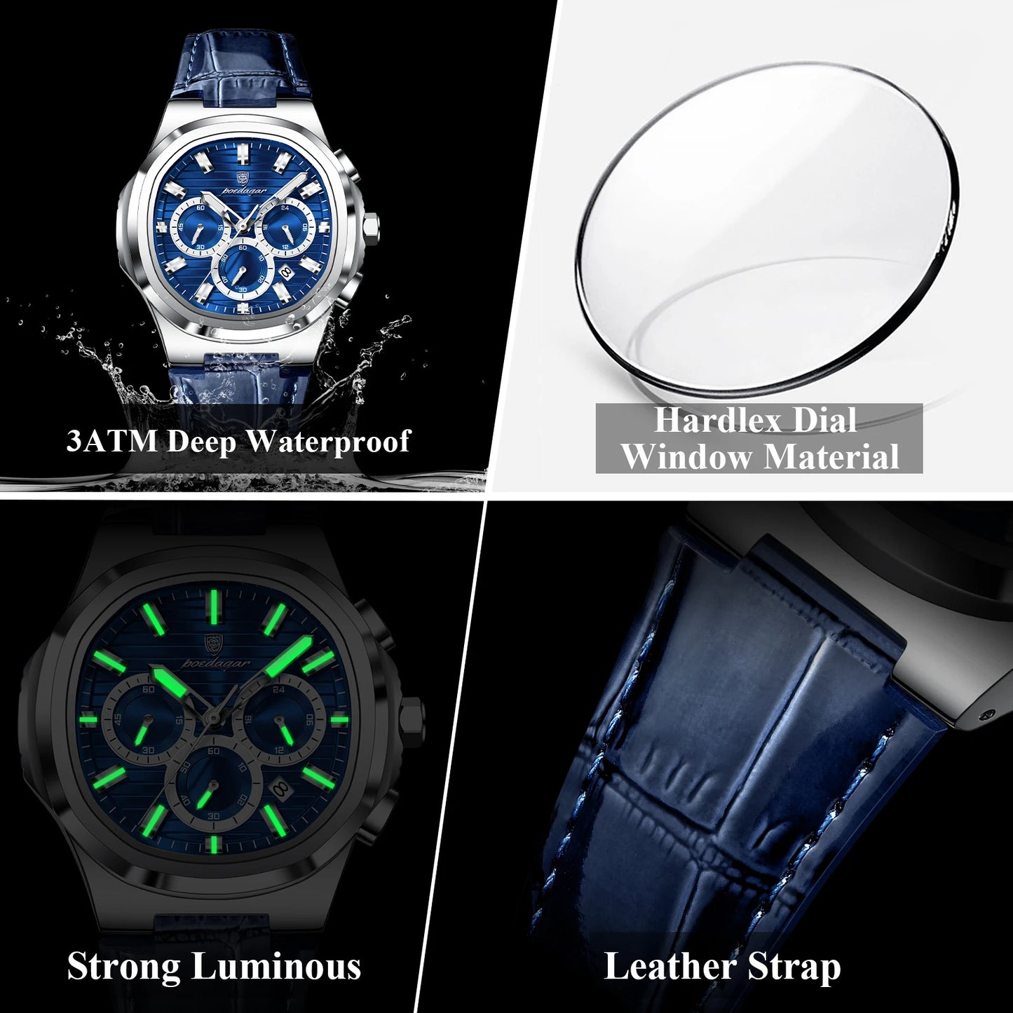 POEDAGAR Top Business Man Wristwatch Date Chronograph Waterproof Luminous Luxury Men Watch Leather Quartz Men's Watches Male+Box