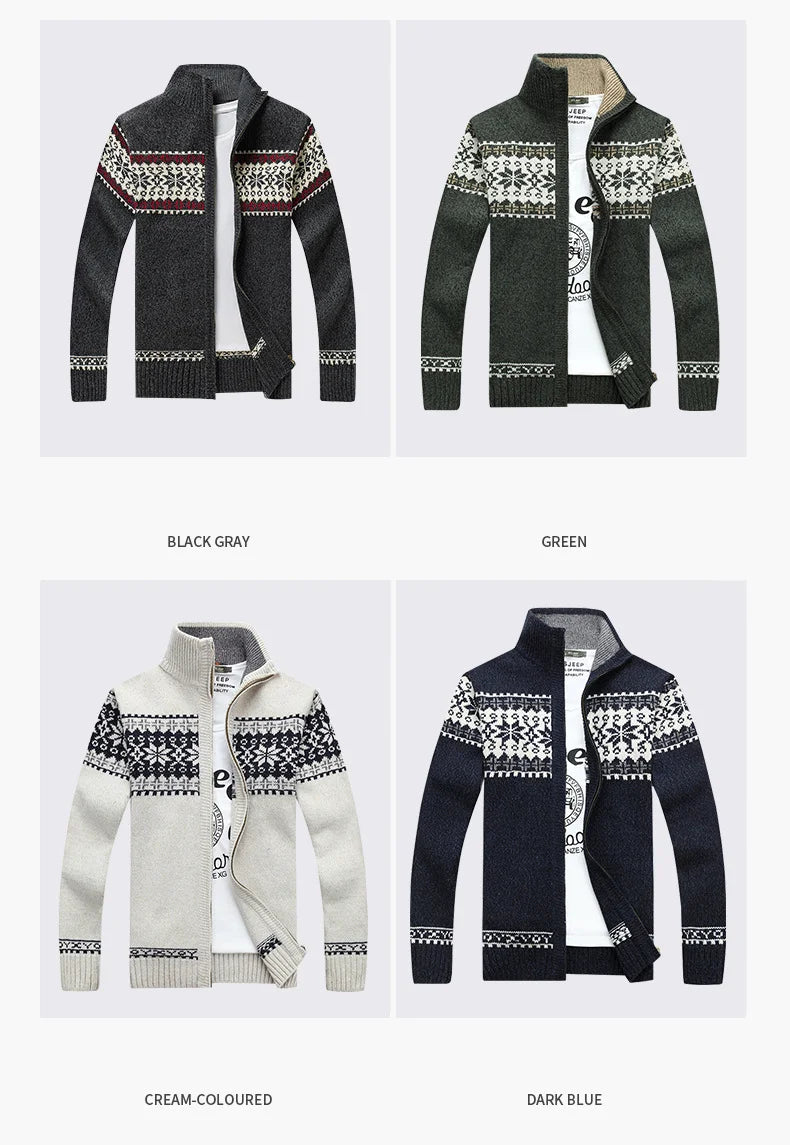 Men's Fair Isle Knitted Cardigan Full-Zip Nordic Pattern Thick Knitwear Multi-Color High-Neck Sweater Jacket for Winter