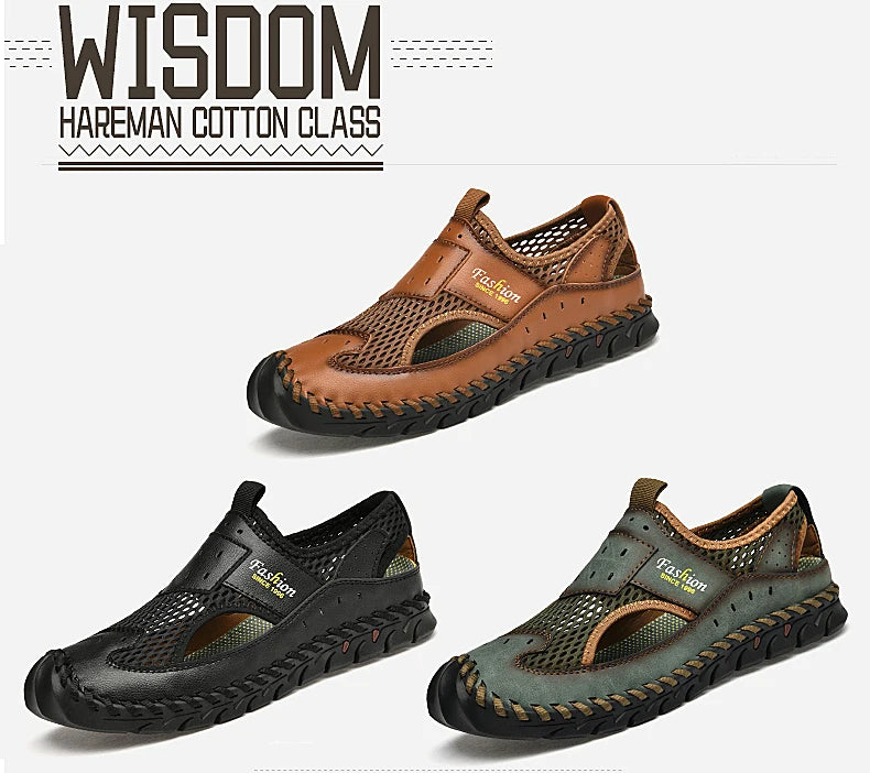 Summer Sandals Breathable Men Shoes Leather & Mesh Outdoor Men Sandals Antiskid Beach Sandals Hollow Flats Footwear Handmade New