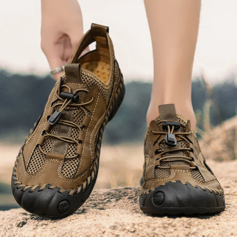 Summer Men Full Casual Leather Hand Stitch Big Size Outdoor Beach Sandals Closed Toe Non Slip Comfort New Summer Walking Shoes