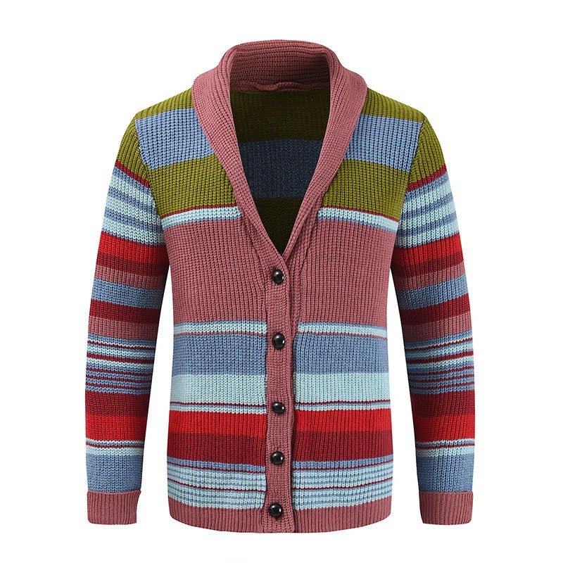 Trendy Mens Knitted Cardigans 2025 Spring Casual Button-up Lapel Sweatercoats Men Vintage Rainbow Striped Sweater Jacket Coats