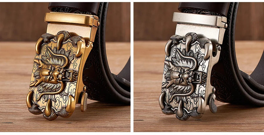 3.5cm Fashion Embossing Retro Male Belts for Men Business Split Leather Belt Dragon Pattern Automatic Buckle Strap