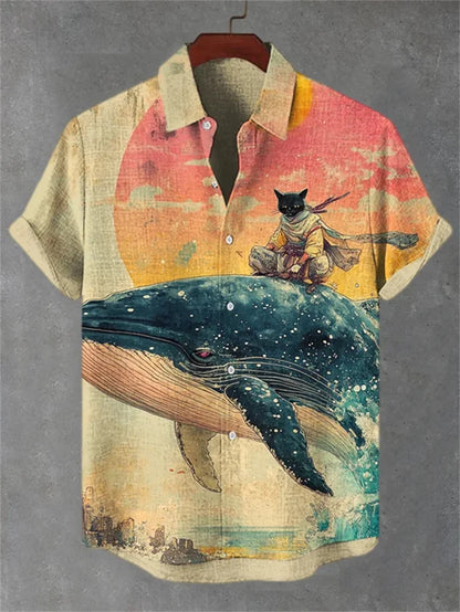 Men's Cat Patterned Black Crane Short Sleeved Shirt, Linen Retro Green Top, Fashionable Lapel Top, Retro Art