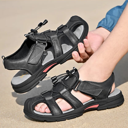 Genuine Leather Mens Water Beach Sandals Summer Closed Toe Sandals Non-slip Hiking Wading Sneakers Quick Dry Wading Aqua Shoes