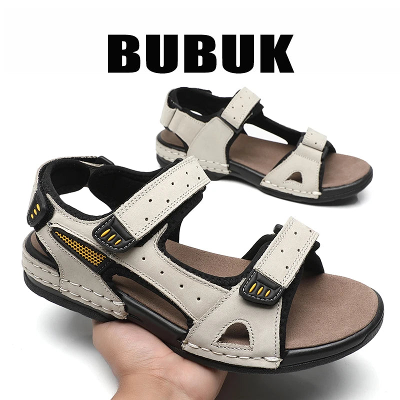 Bubuk Men's First-Layer Cowhide Leather Beach Sandals, Summer Outdoor Hiking Shoes, Lightweight Water Shoes, with Arch Support, Stylish Breathable Casual Men's Shoes, Suitable for Travel, Hiking, and Commuting