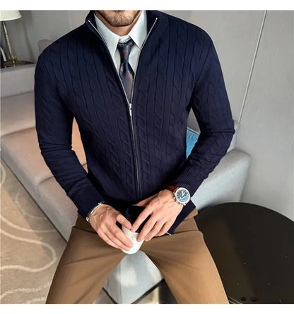 Men's Sweater Autumn Winter New Slim Fit Stand Collar Zipper Knitted Cardigan Fashion Solid Color Warm Stretch Knit Tops Coats