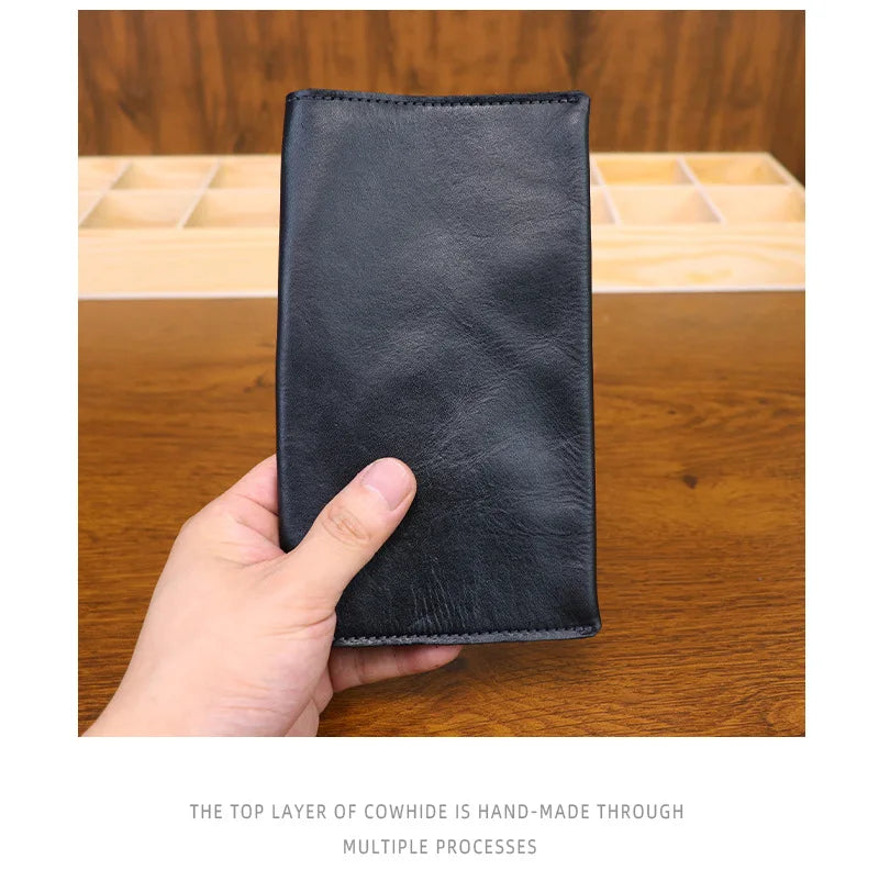Large Capacity Men Wallet Vintage Genuine Cow Leather Handbag Card Holder Phone Pocket High Quality Handmade Male Money Clips