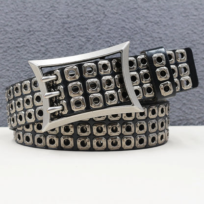 Rock Genuine Leather Luxury Punk Belt Jeans Heavy duty Hollow manual  Designer Brand Belt Men Rivet Three-pin buckle Belt Male
