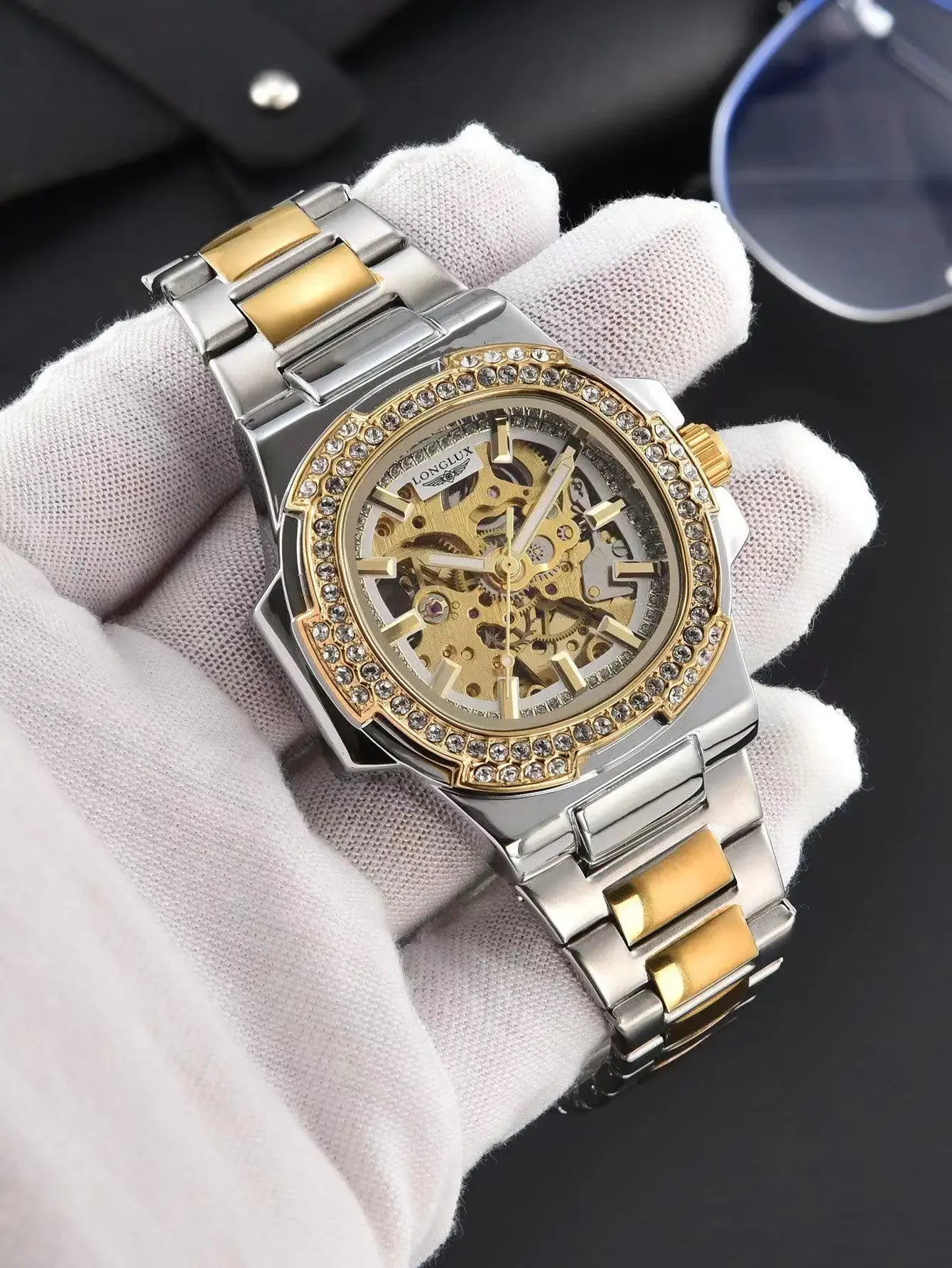 LONGLUX Automatic Man Watch Luxury Stainless Steel Wholesale Mechanical Wristwatches Skeleton Waterproof Diamond Watch Man Watch