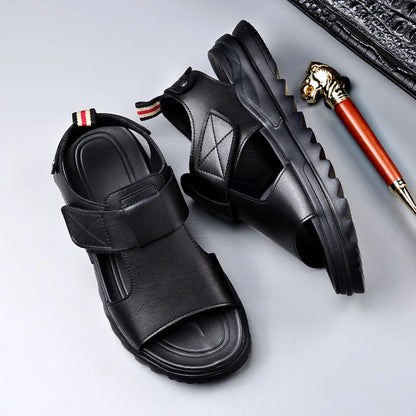 Cow Leather Men's Sandals 2026 Summer New Designer Soft Sole Fashion Casual Beach Shoes Male Black Platform Sandals Man