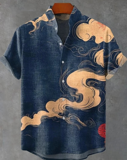 Men's striped Hawaiian shirt, casual short-sleeved top, loose and fashionable, vintage summer shirt