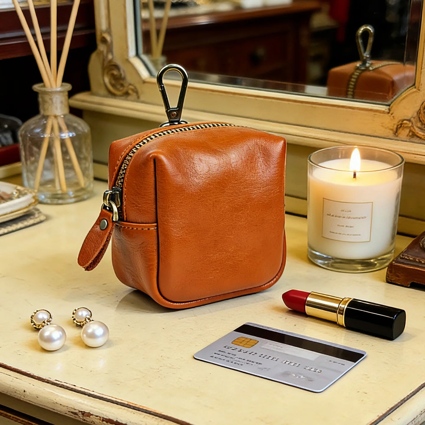 Men's Coin Purse, Genuine Leather Mini Coin Wallet Zipper Pocket with Back Belt Loop Lanyard, Lightweight Keychain Pouch for Men
