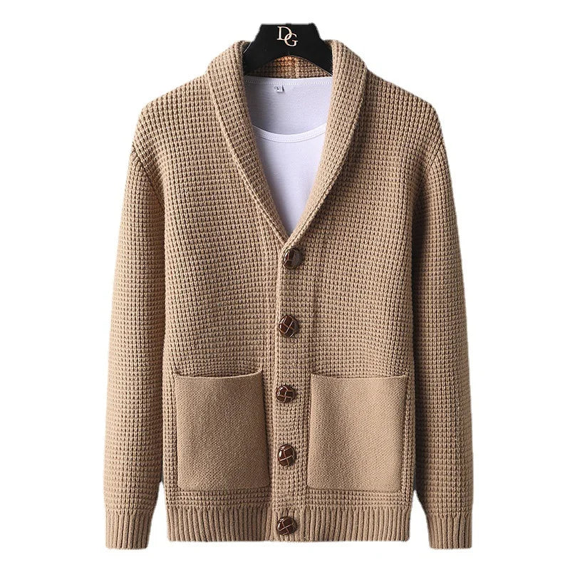 Men's Casual Knitted Open Cardigan Pockets Sweater Loose Korean Style V-Neck Autumn Fashion Light Maturity Spring Fall Outerwear