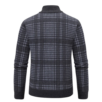 Mens Sweaters Jacket Full Zip Fleeced Sweater Cardigan Plaid Stand Collar Sweaters Coat Autumn Winter Homme Clothes