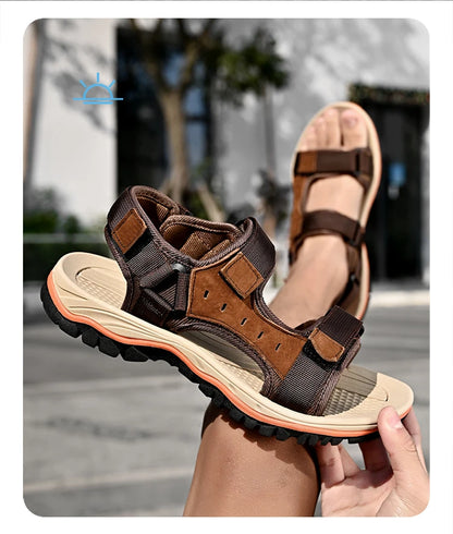 Summer Men's Genuine Leather Sandals Outdoor Roman Sandals Beach Anti slip Casual Lightweight Open Toe Boys' Sports Sandals