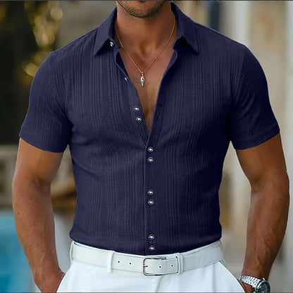 Men's Textured Woven Polyester Shirt Short Sleeve Turn Down Collar Button Down Casual Breathable Summer Beach Tops for Men