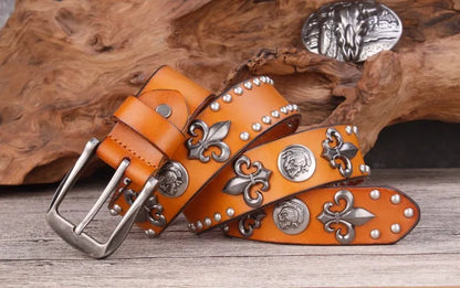 High Quality Metal Rivet Cowboy Belt Top Grain Genuine Leather Cowskin Men Belt Punk Rivet Jeans Belts For Men