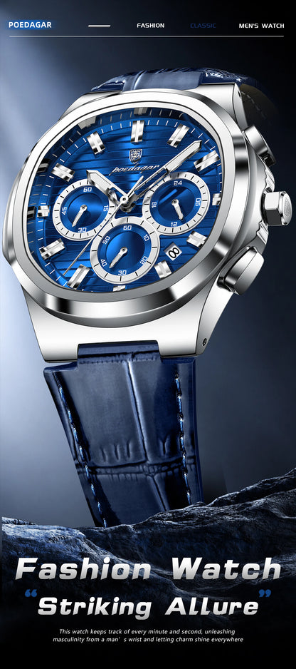 POEDAGAR Top Business Man Wristwatch Date Chronograph Waterproof Luminous Luxury Men Watch Leather Quartz Men's Watches Male+Box