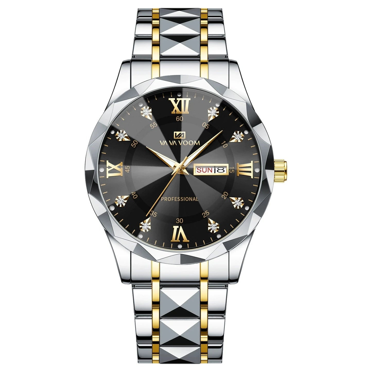 VA VA VOOM Hot Selling Original Blue Gold Creative Design Classic Hot selling Quartz Watch Men Fashion High Quality Rhombus Design Fashion Business Japanese Movement Gold Stainless Steel Fashion Clock Sports Watch for Men Gif