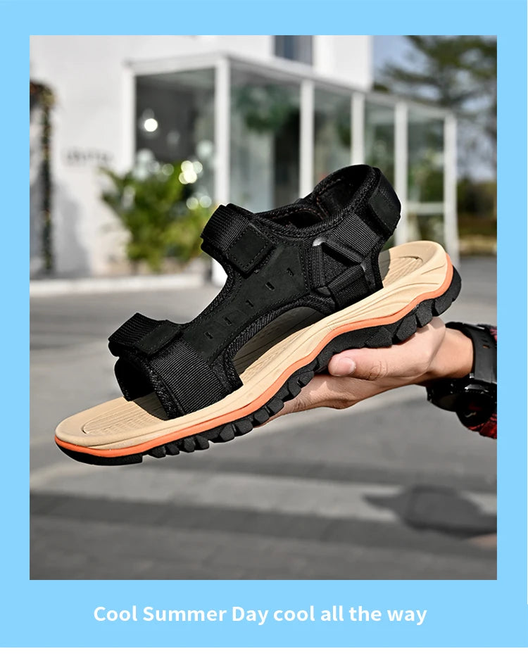 Summer Men's Genuine Leather Sandals Outdoor Roman Sandals Beach Anti slip Casual Lightweight Open Toe Boys' Sports Sandals