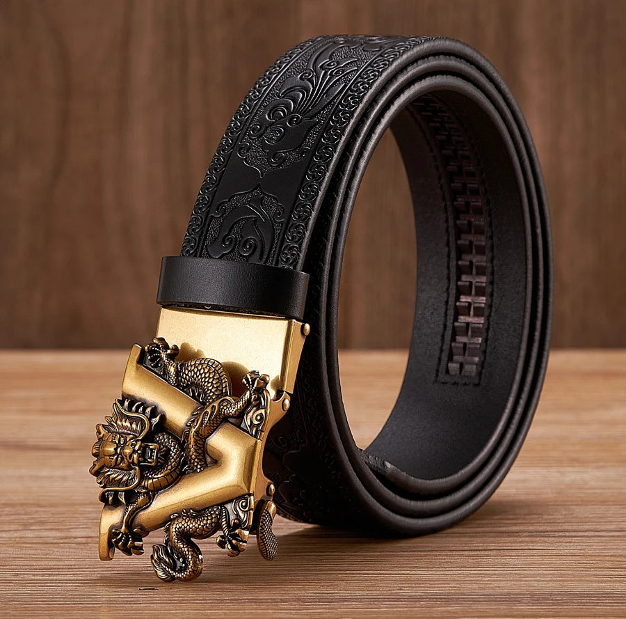 3.5cm Fashion Embossing Retro Male Belts for Men Business Split Leather Belt Dragon Pattern Automatic Buckle Strap