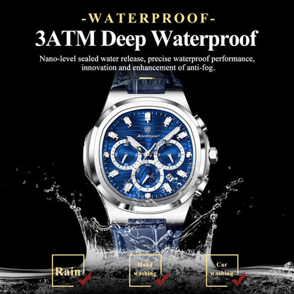 POEDAGAR Top Business Man Wristwatch Date Chronograph Waterproof Luminous Luxury Men Watch Leather Quartz Men's Watches Male+Box