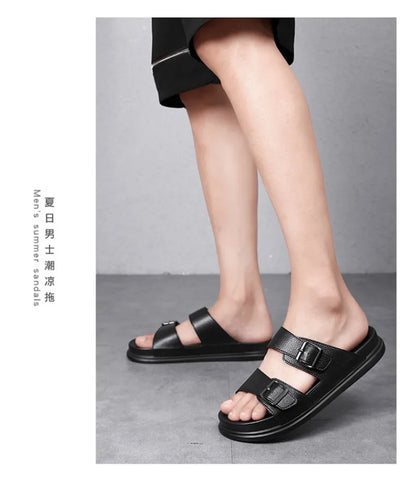 Summer Men's Slippers High Quality Cow Leather Sandals Outdoor Non Slip Platform Sandals Comfort Casual Slippers for Men Slides