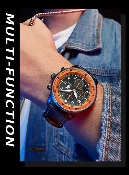 PLAYBOY Luxury Quartz Men's Watches Fashion Casual Leather Strap Sports Chronograph Wristwatch Original Waterproof Watches 3303