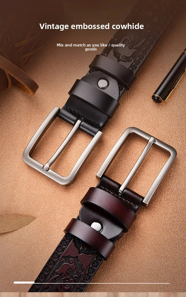 Men's Retro Embossed Leather Belt, European & American Cross-border Style, High Quality Casual Durable Waistband for Daily Use