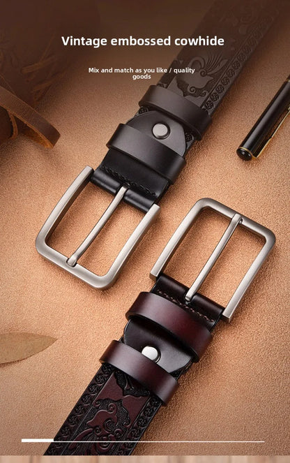 Men's Retro Embossed Leather Belt, European & American Cross-border Style, High Quality Casual Durable Waistband for Daily Use