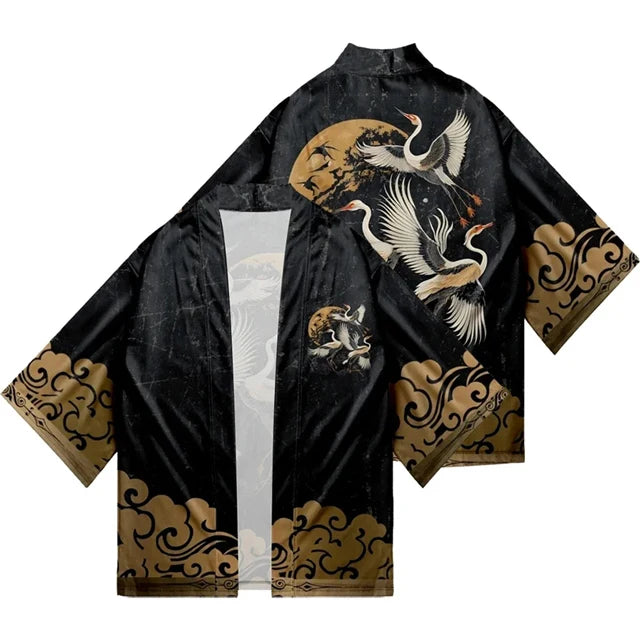 Japanese Style Cosplay Shirt 3D Crane Print For Men Women Traditional Samurai Kimono Haori Japanese Beach Yukata