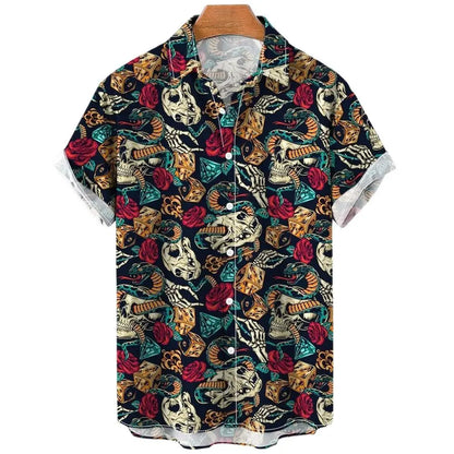 Men's Shirt Sailing Skull Print Shirts Hawaiian Fashion Casual Rock Print Plus Size Tops 2023 New Beach Men's Clothing Shirt