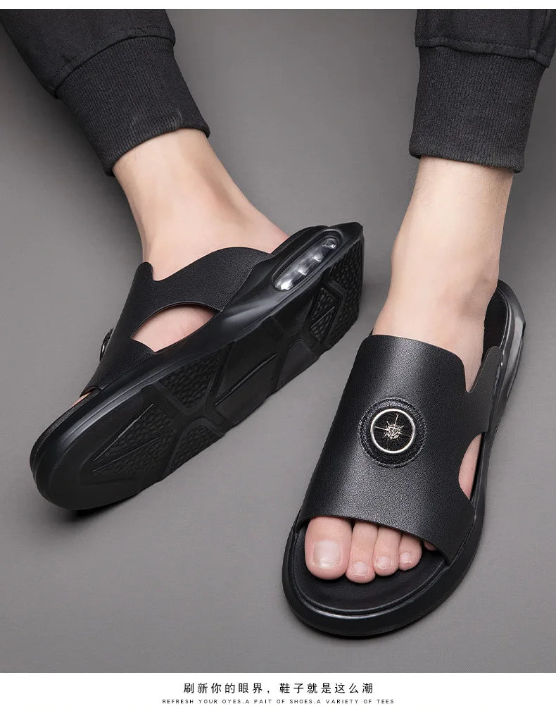 New Luxury Men's Genuine Leather Sandals Classic Roman Men Shoes Slippers Soft Comfortable Men Non-slip Walking Slippers Footwea